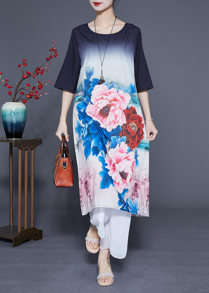 Women Gradient Color O-Neck Floral Print Silk Vacation Dresses Half Sleeve LC0370