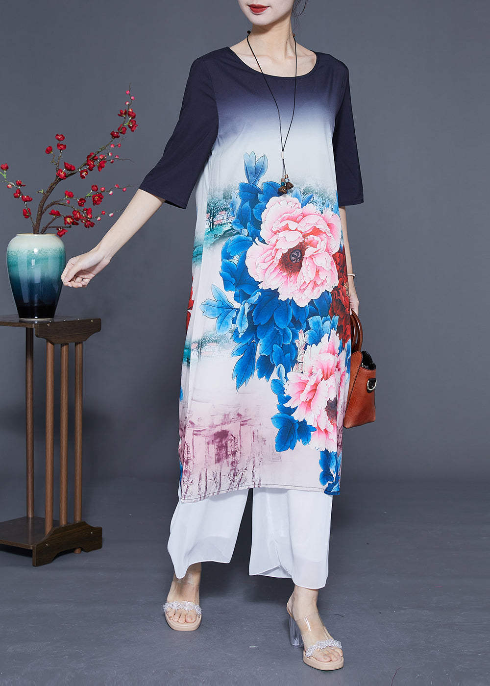Women Gradient Color O-Neck Floral Print Silk Vacation Dresses Half Sleeve LC0370