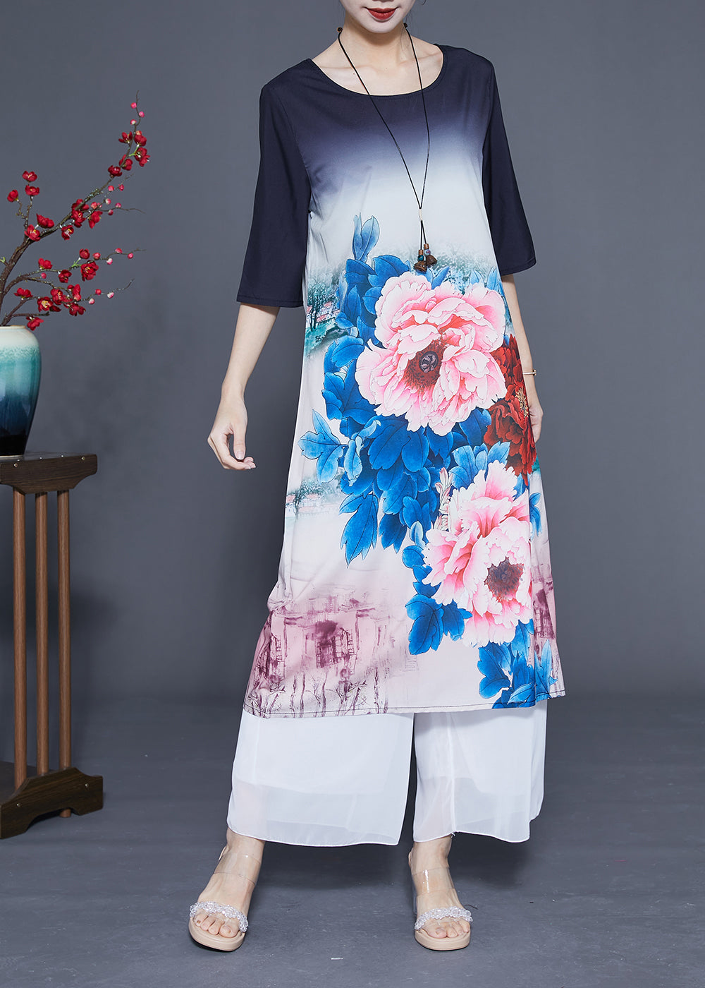 Women Gradient Color O-Neck Floral Print Silk Vacation Dresses Half Sleeve LC0370