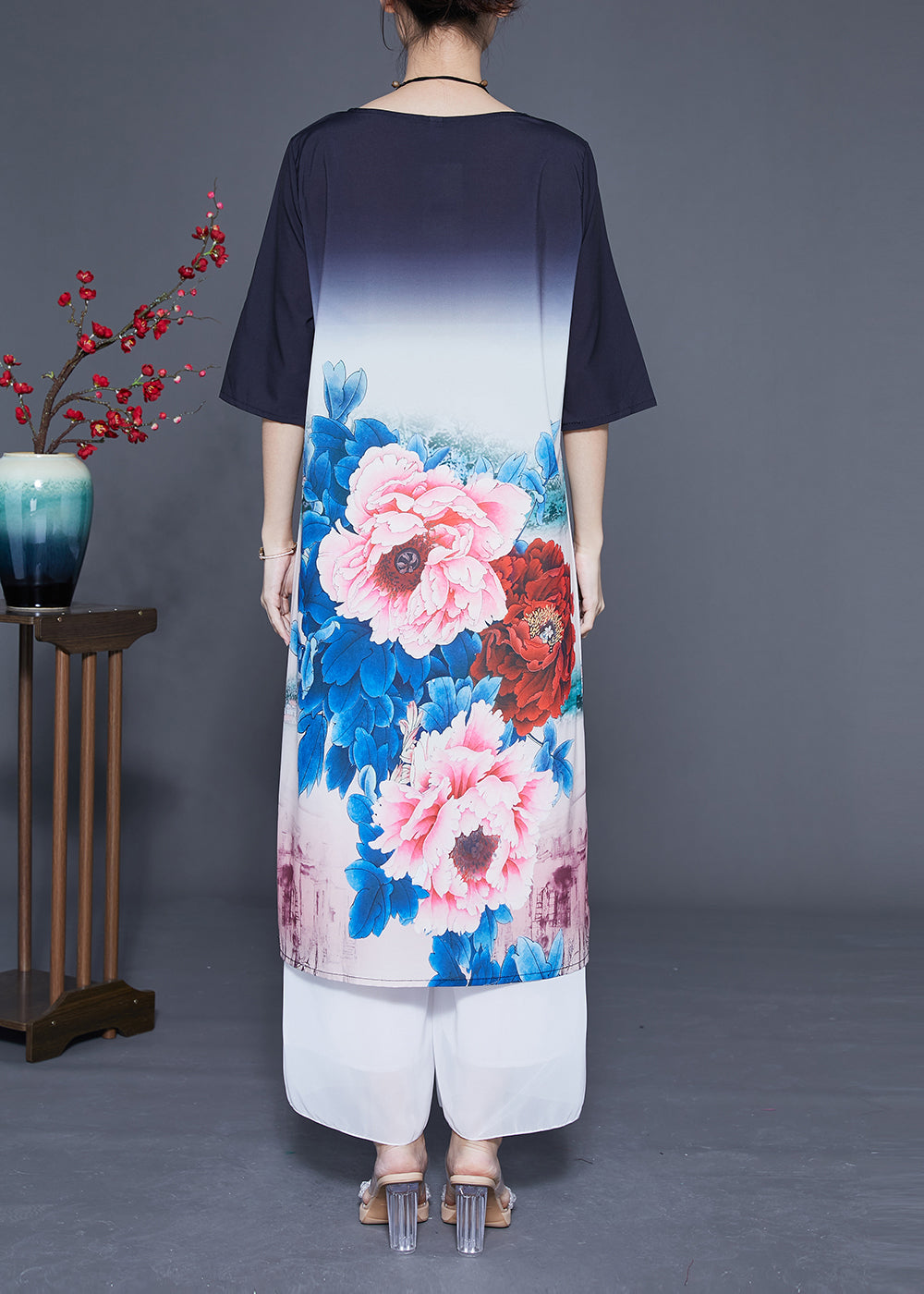 Women Gradient Color O-Neck Floral Print Silk Vacation Dresses Half Sleeve LC0370