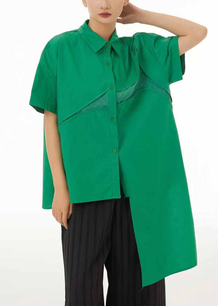 Women Green Asymmetrical Design Cotton Shirt Tops Summer LC0146
