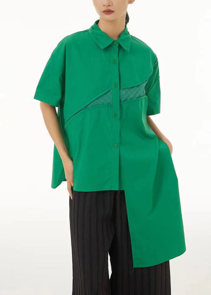 Women Green Asymmetrical Design Cotton Shirt Tops Summer LC0146