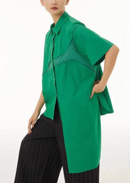 Women Green Asymmetrical Design Cotton Shirt Tops Summer LC0146