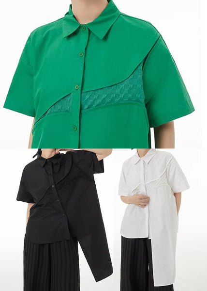 Women Green Asymmetrical Design Cotton Shirt Tops Summer LC0146