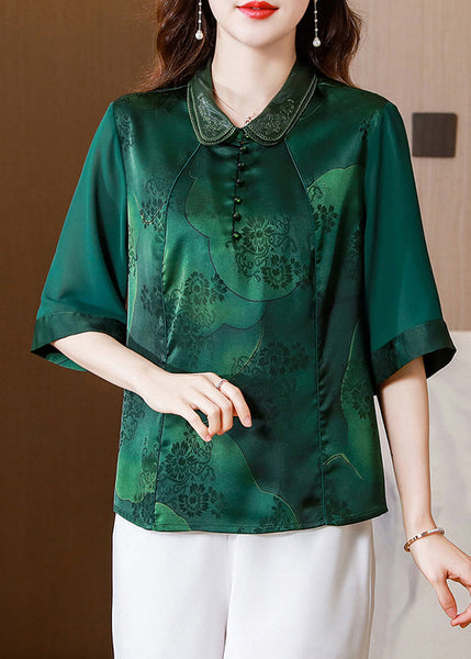 Women Green Double-layer Collar Patchwork Print Silk Top Half Sleeve LY0419