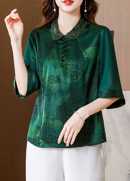 Women Green Double-layer Collar Patchwork Print Silk Top Half Sleeve LY0419