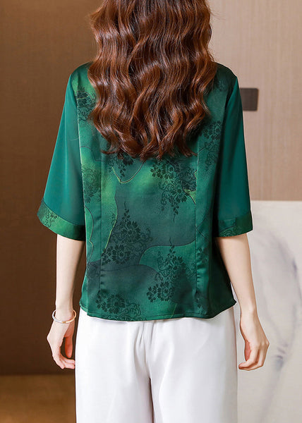 Women Green Double-layer Collar Patchwork Print Silk Top Half Sleeve LY0419