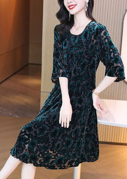 Women Green O-Neck Oversized Print Silk Velour Party Dress Half Sleeve TG1059