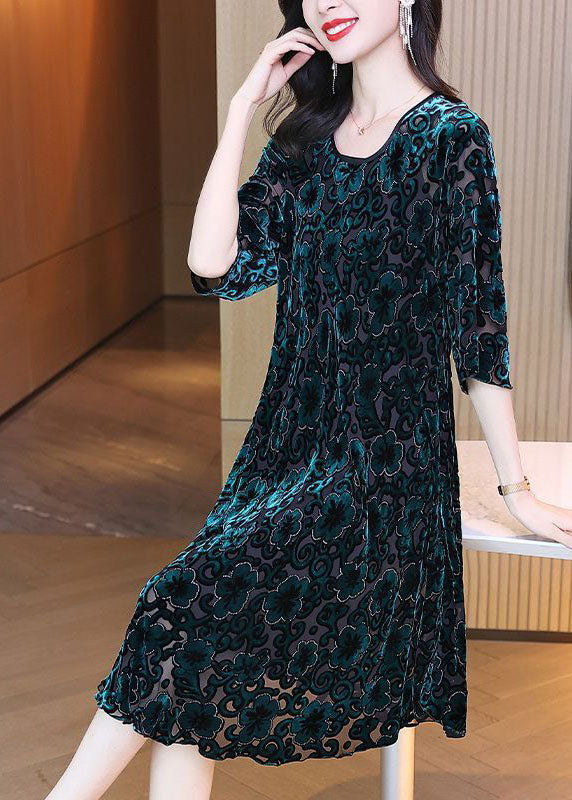 Women Green O-Neck Oversized Print Silk Velour Party Dress Half Sleeve TG1059