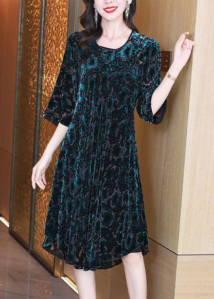 Women Green O-Neck Oversized Print Silk Velour Party Dress Half Sleeve TG1059