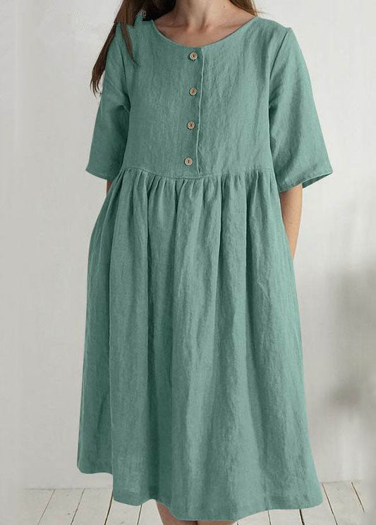 Women Green O Neck Pockets Wrinkled Patchwork Linen Dress Summer LC0464