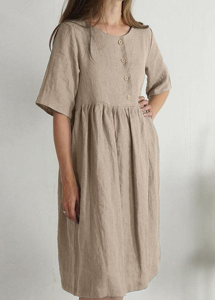 Women Green O Neck Pockets Wrinkled Patchwork Linen Dress Summer LC0464