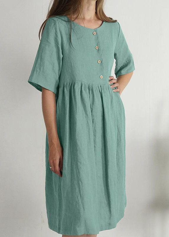 Women Green O Neck Pockets Wrinkled Patchwork Linen Dress Summer LC0464