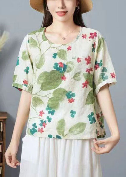 Women Green O Neck Print Patchwork Cotton T Shirt Top Summer TP1031