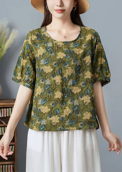 Women Green O Neck Print Patchwork Cotton T Shirt Top Summer TP1031