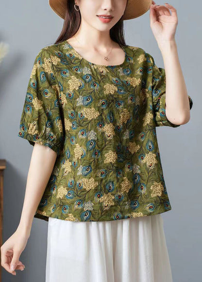 Women Green O Neck Print Patchwork Cotton T Shirt Top Summer TP1031