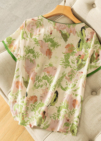 Women Green O Neck Print Silk T Shirts Short Sleeve LY0378