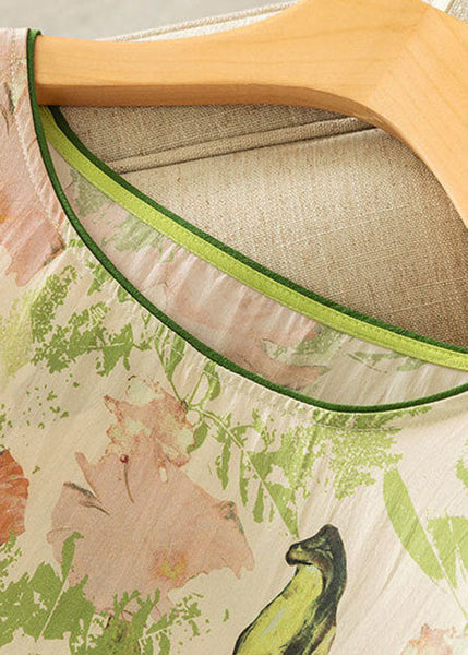 Women Green O Neck Print Silk T Shirts Short Sleeve LY0378