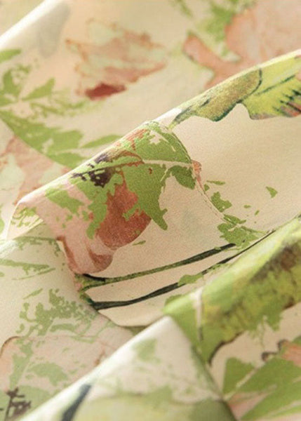 Women Green O Neck Print Silk T Shirts Short Sleeve LY0378