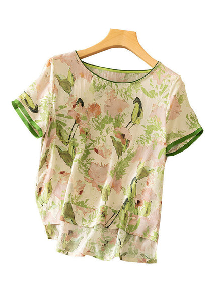 Women Green O Neck Print Silk T Shirts Short Sleeve LY0378