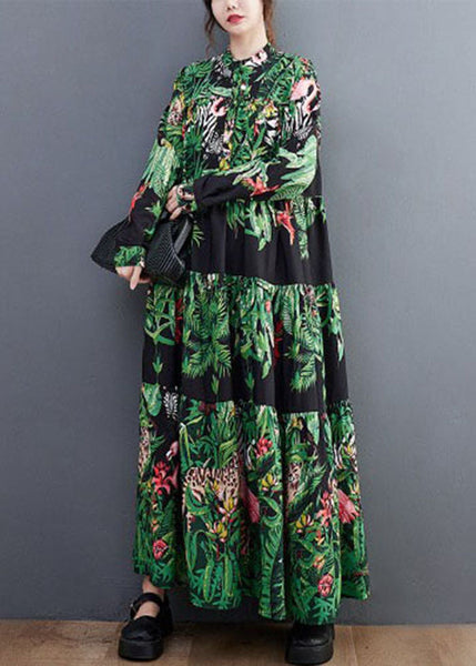 Women Green Oversized Patchwork Exra Large Hem Cotton Holiday Dress Spring LY0670
