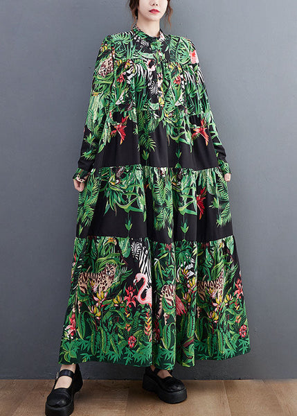 Women Green Oversized Patchwork Exra Large Hem Cotton Holiday Dress AC2094