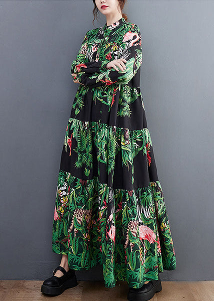 Women Green Oversized Patchwork Exra Large Hem Cotton Holiday Dress AC2094