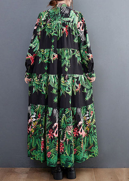 Women Green Oversized Patchwork Exra Large Hem Cotton Holiday Dress Spring LY0670