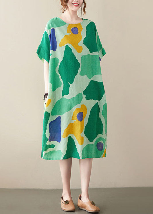 Women Green Oversized Print Cotton Vacation Dresses Summer LY0652