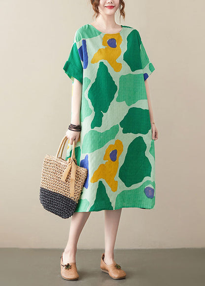 Women Green Oversized Print Cotton Vacation Dresses Summer LY0652