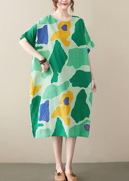 Women Green Oversized Print Cotton Vacation Dresses Summer AC2076