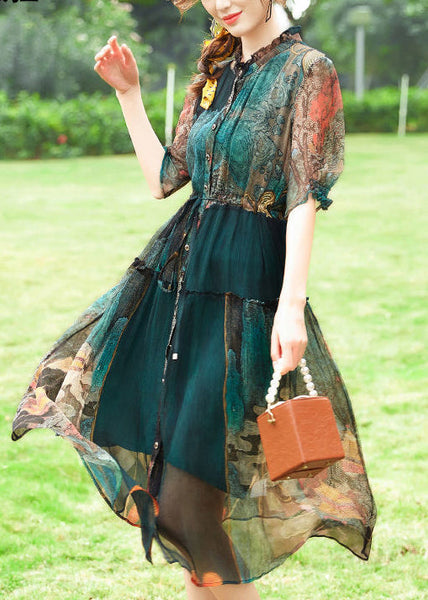 Women Green Ruffled Print Silk Cinched Dresses Summer LY1016