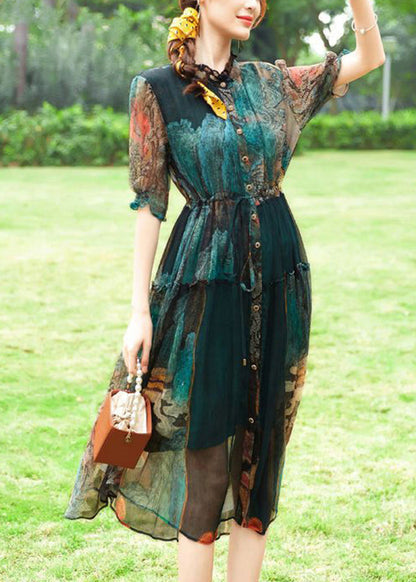 Women Green Ruffled Print Silk Cinched Dresses Summer LY1016