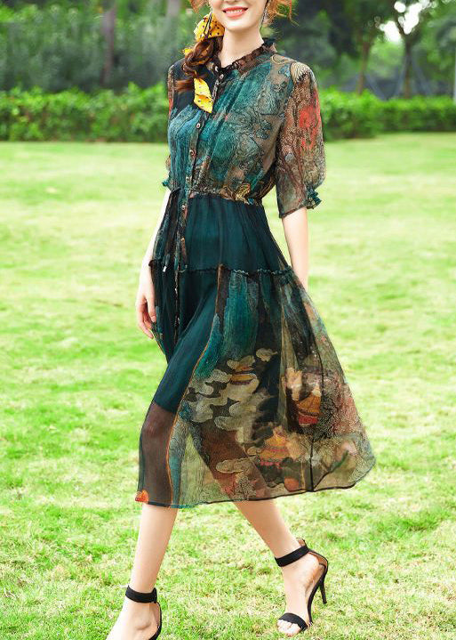 Women Green Ruffled Print Silk Cinched Dresses Summer LY1016