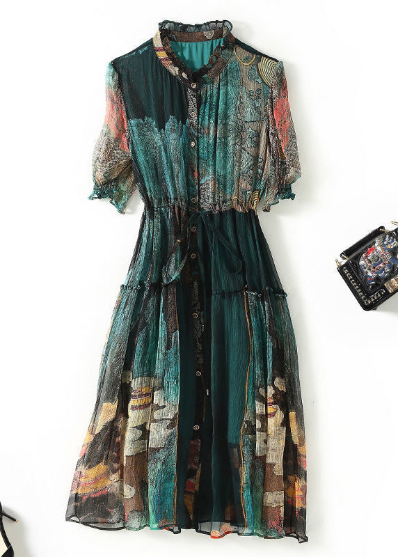 Women Green Ruffled Print Silk Cinched Dresses Summer LY1016