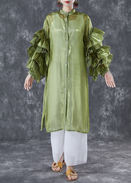 Women Green Stand Collar Patchwork Chiffon Holiday Dress Summer TA1039