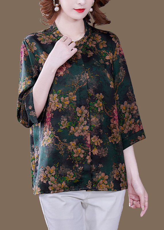 Women Green Stand Collar Print Silk Shirt Bracelet Sleeve LC0269