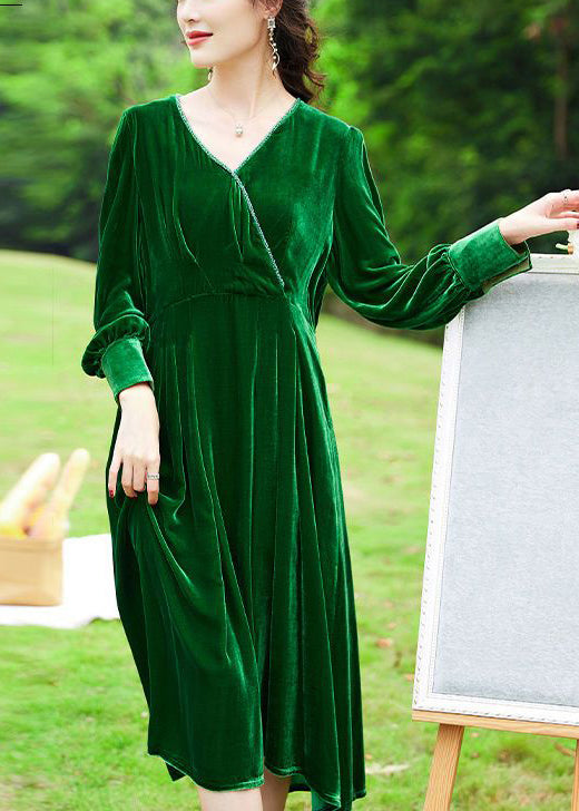 Women Green V Neck Patchwork Silk Velour Holiday Dress Spring LY0736