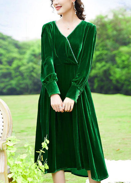 Women Green V Neck Patchwork Silk Velour Holiday Dress AC3042