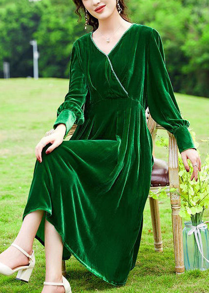 Women Green V Neck Patchwork Silk Velour Holiday Dress AC3042