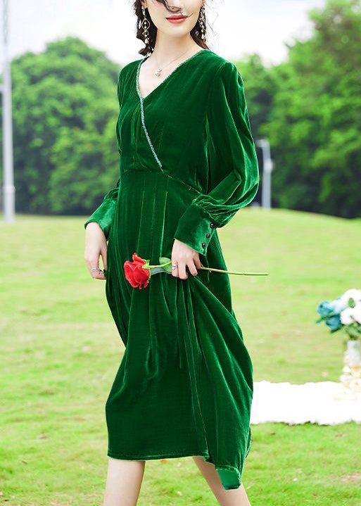 Women Green V Neck Patchwork Silk Velour Holiday Dress Spring LY0736