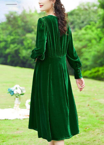 Women Green V Neck Patchwork Silk Velour Holiday Dress Spring LY0736