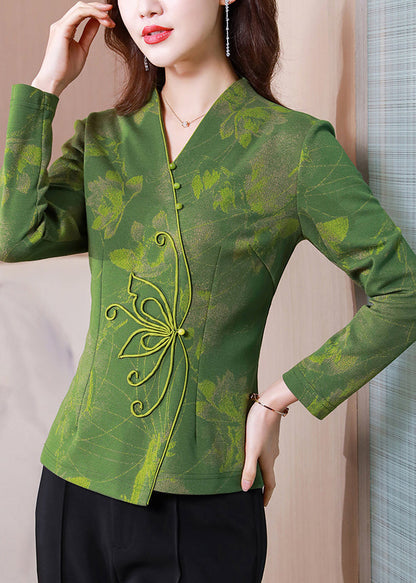 Women Green V Neck Patchwork Slim Fit Silk Tops Spring LY0420