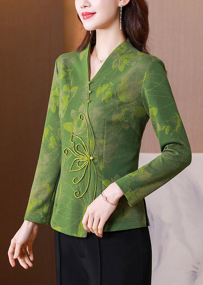 Women Green V Neck Patchwork Slim Fit Silk Tops Spring LY0420