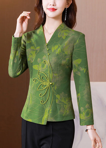 Women Green V Neck Patchwork Slim Fit Silk Tops Spring LY0420