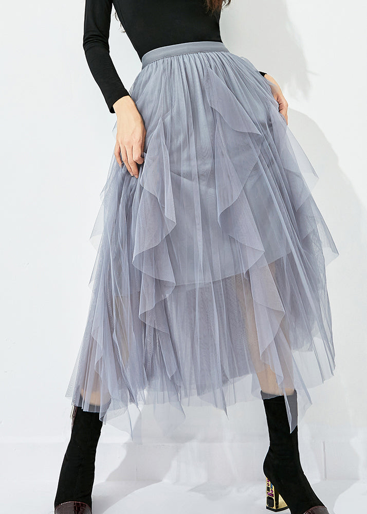 Women Grey Elastic Waist Exra Large Hem Tulle Skirt Summer LY0822