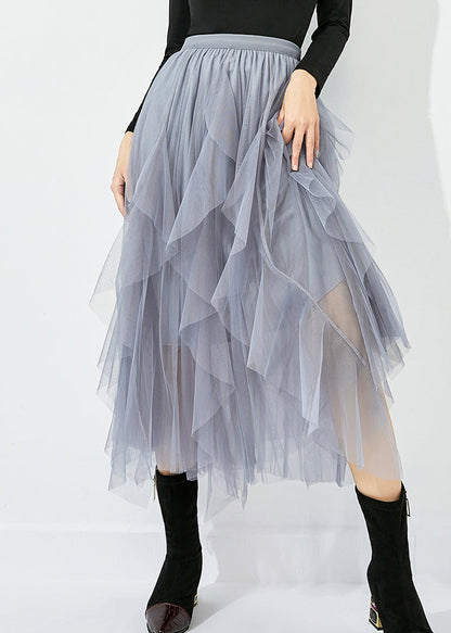 Women Grey Elastic Waist Exra Large Hem Tulle Skirt Summer LY0822