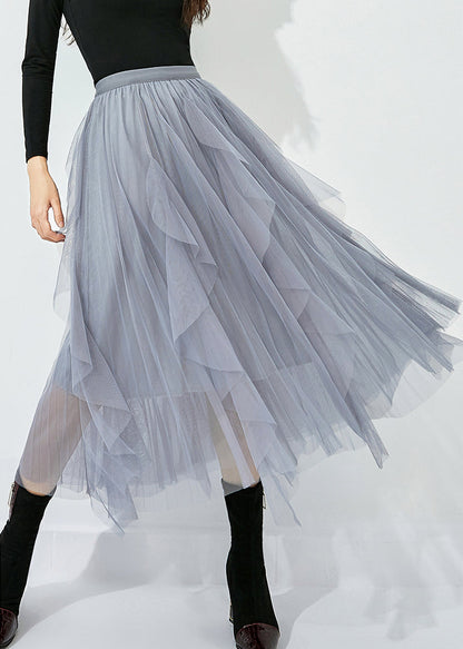 Women Grey Elastic Waist Exra Large Hem Tulle Skirt Summer LY0822