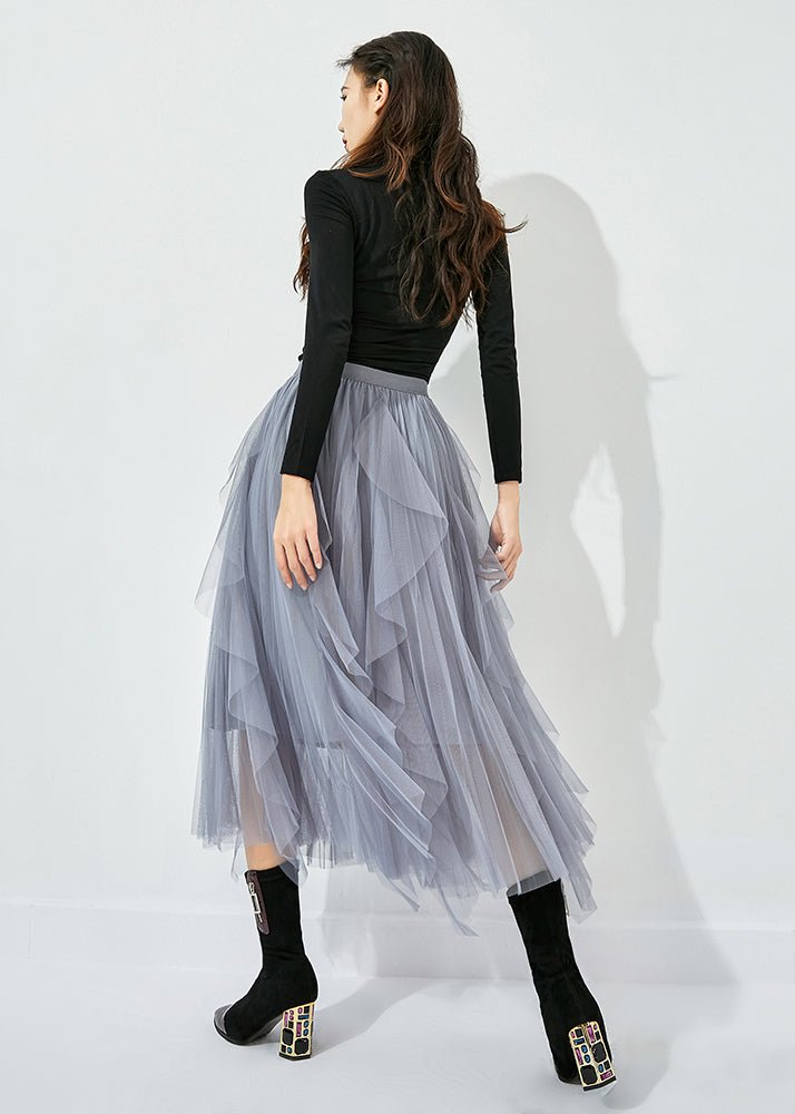 Women Grey Elastic Waist Exra Large Hem Tulle Skirt Summer LY0822