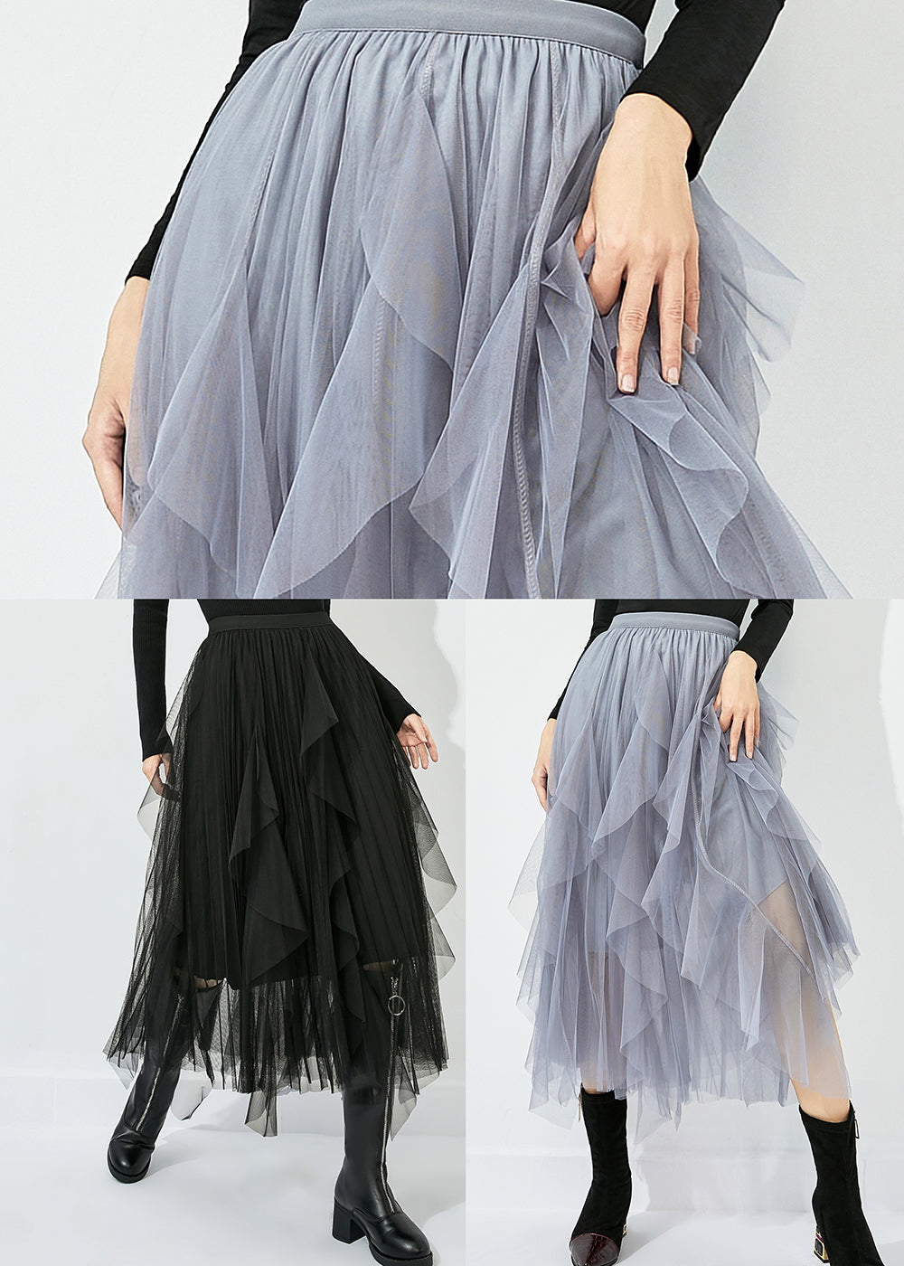 Women Grey Elastic Waist Exra Large Hem Tulle Skirt Summer LY0822